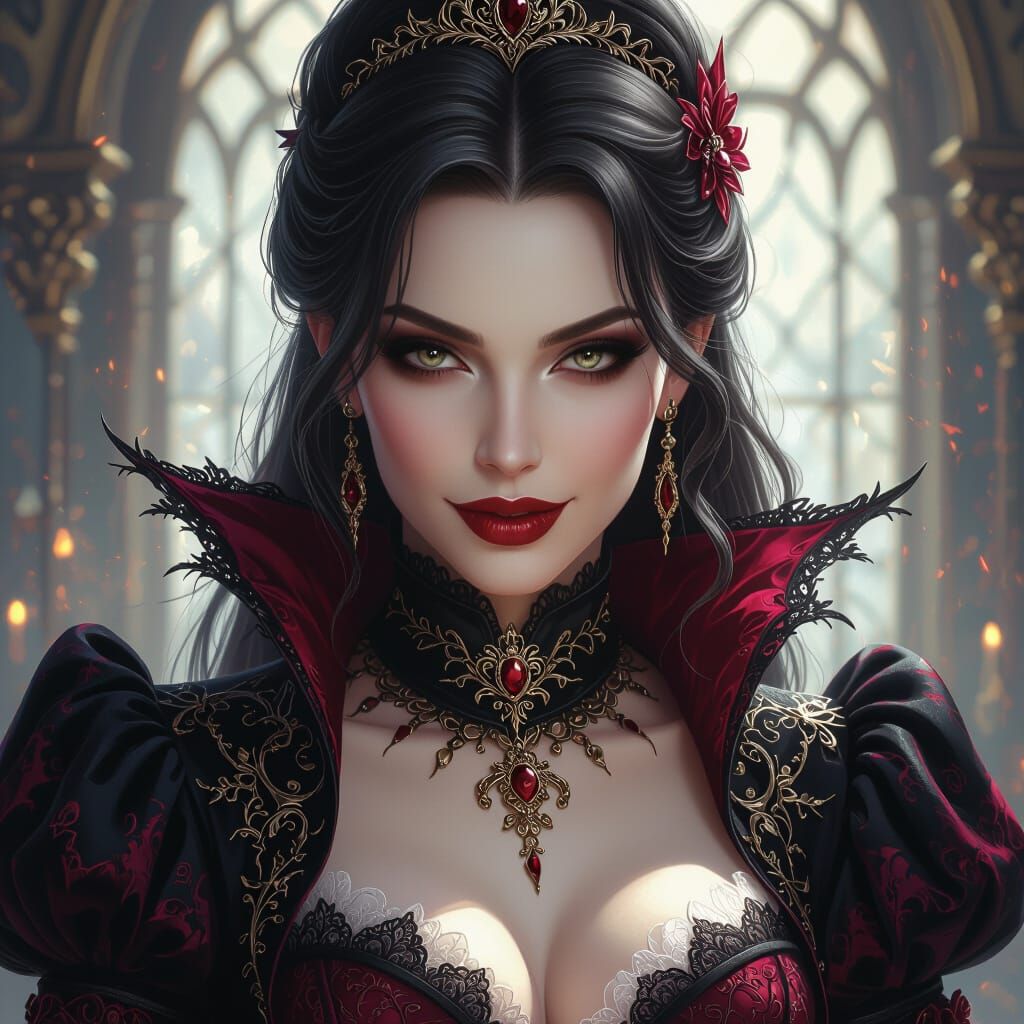 Elegant Vampire in Opulent Attire with Cruel Smirk
