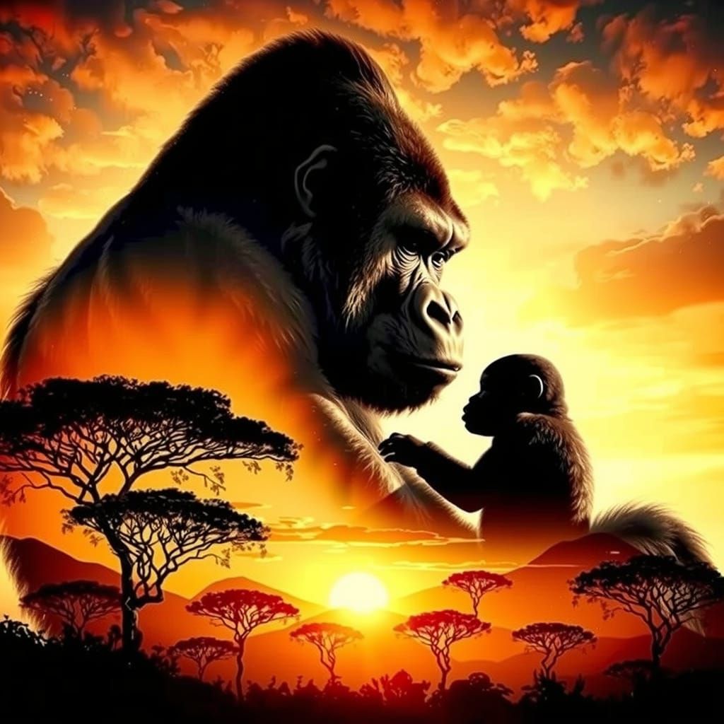 Gentle Gorilla in Sunset Glow with Baby