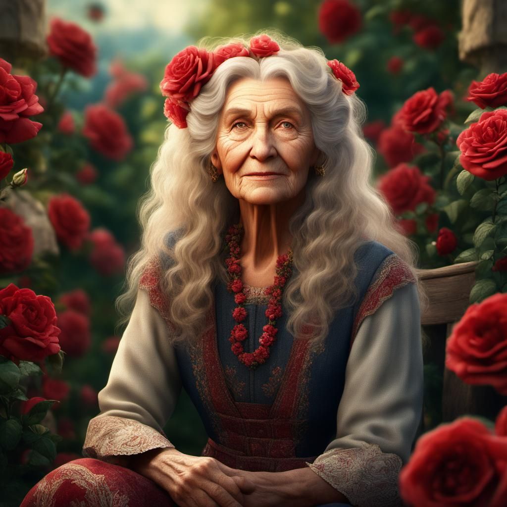 Beautiful Old Woman in Rose Garden, Digital Art