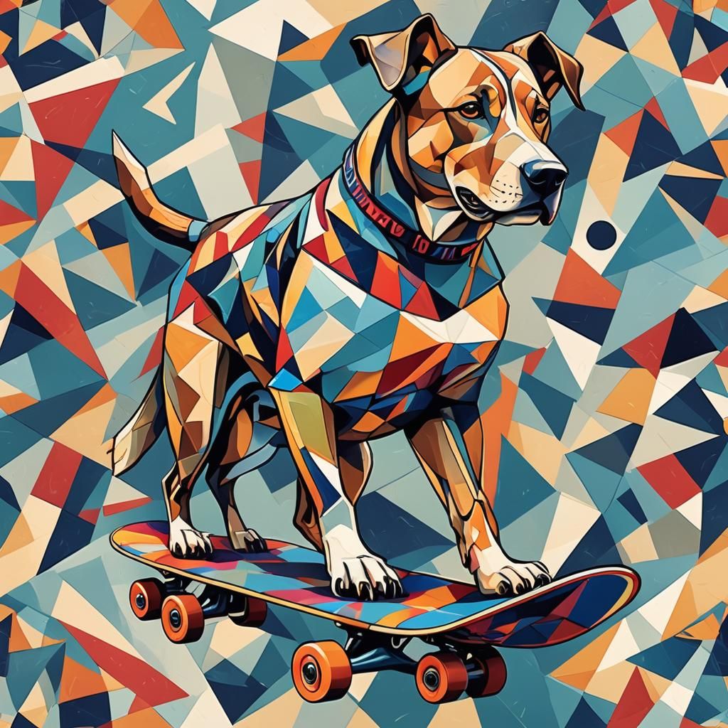 Dog Skateboarding in Cubist Art Deco Style