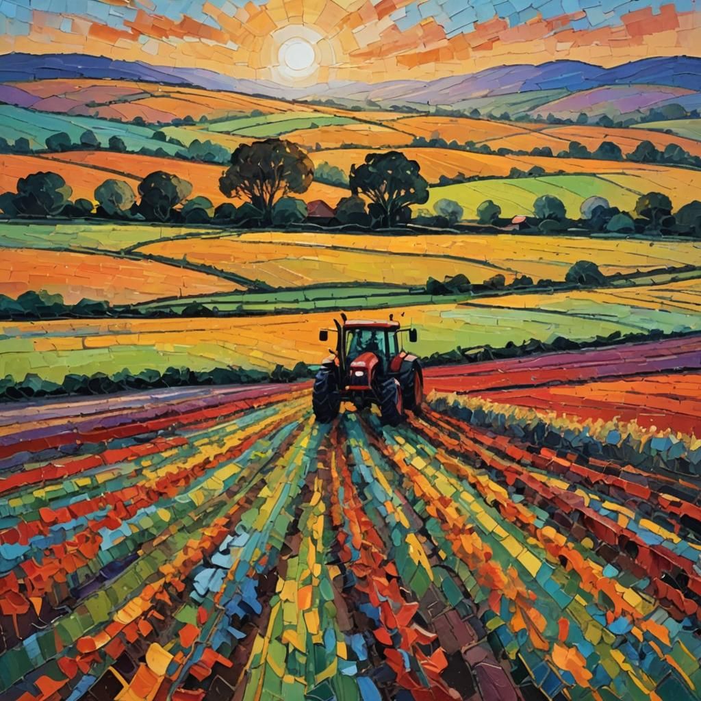 Expressionist Sunset Tractor Ploughing in Impasto Style