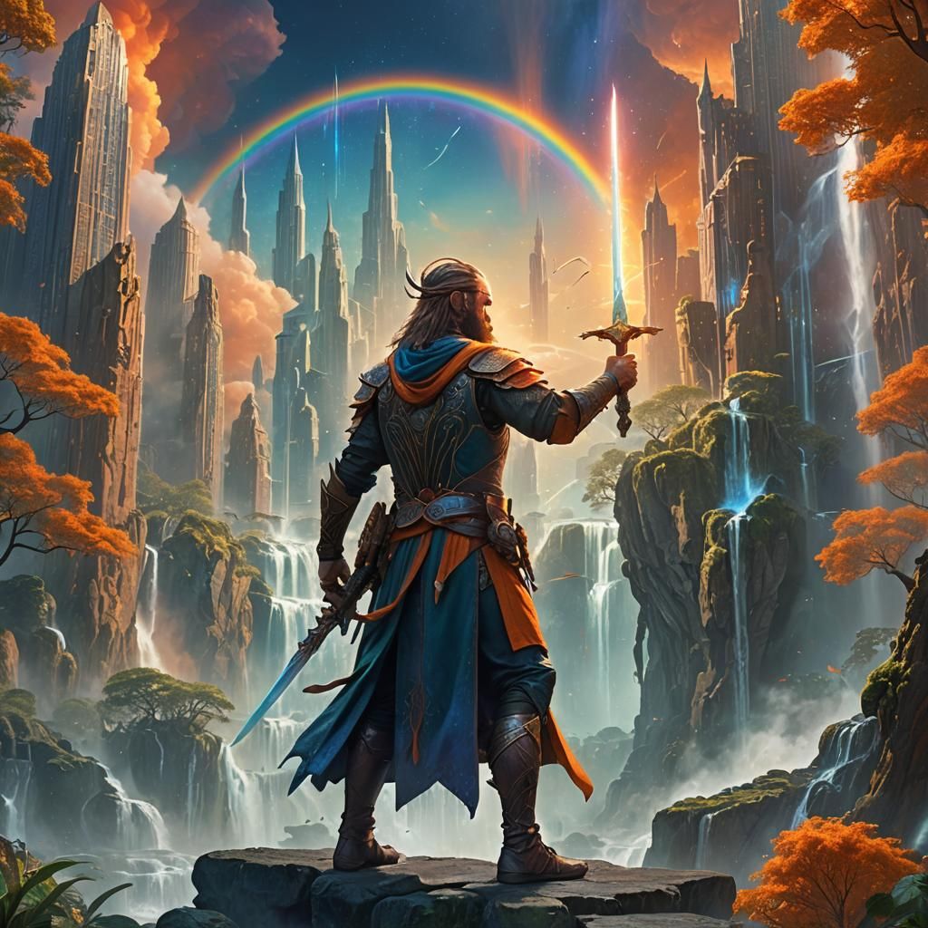 Elven Warrior in Futuristic Cityscape: Matte Painting