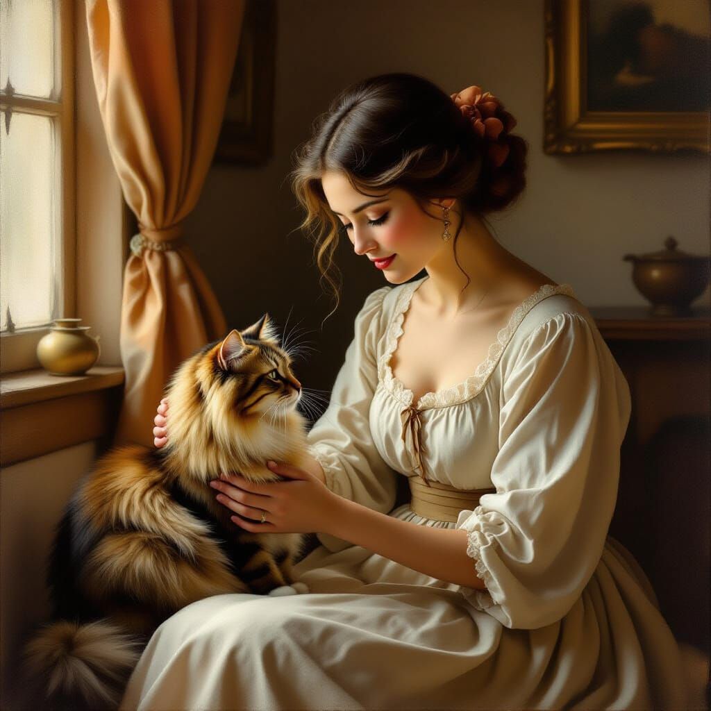 Woman Petting Cat in Warm Light, Classical Oil Painting Styl...