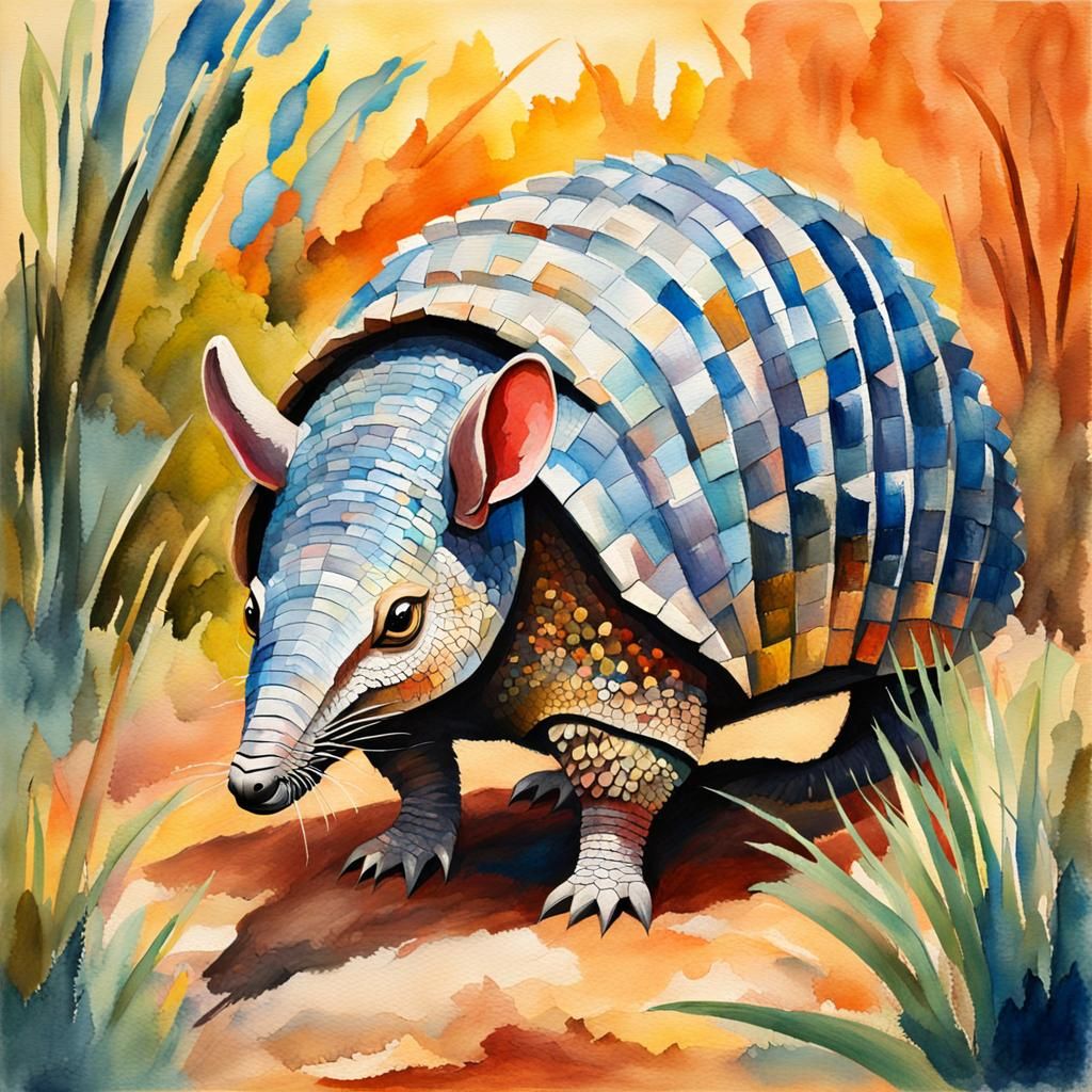 Armadillo in Gouache Style Watercolor Painting