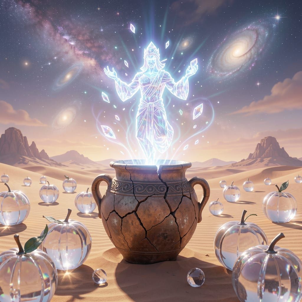 Shimmering Genie Emerges in Ethereal Light from Ancient Amph...