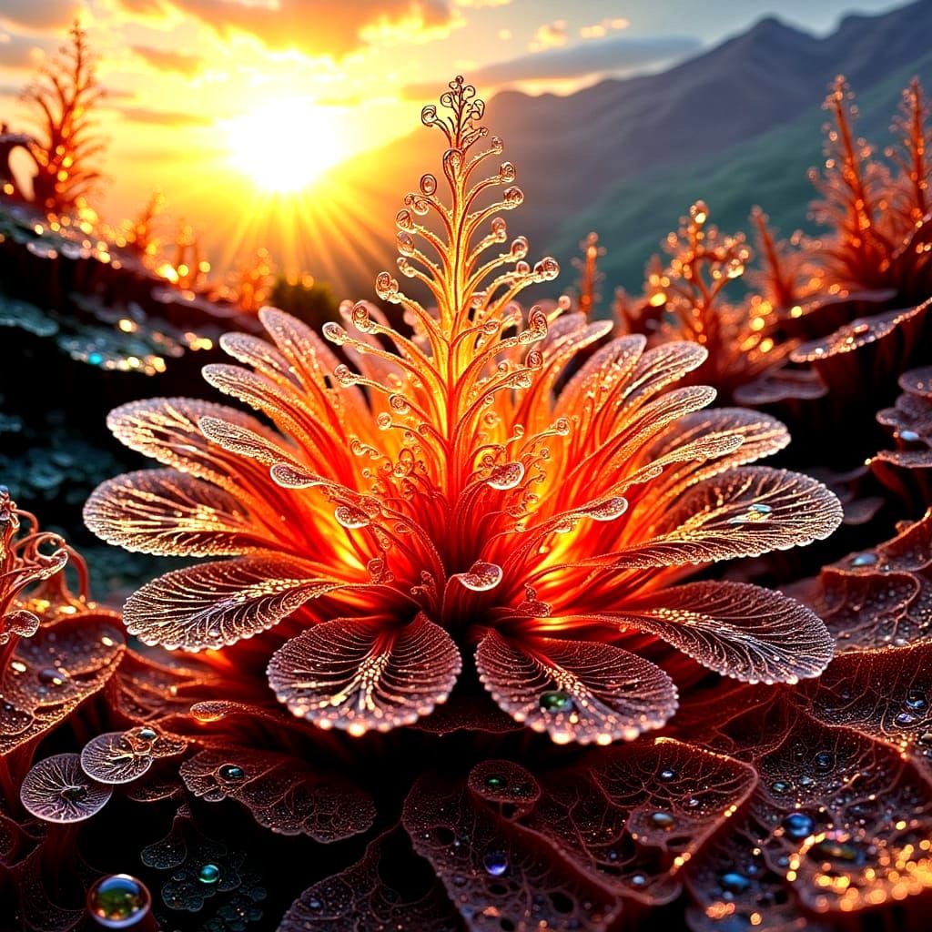 Glass Flower Art at Sunset: Fractal Wire Sculpture