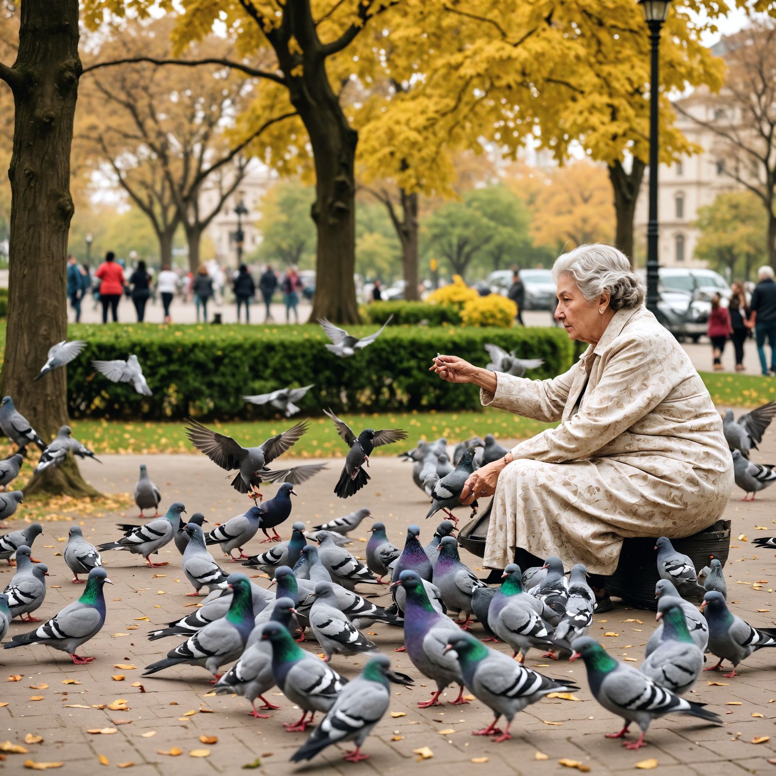 Grandmother in City Park Feeds Pigeons