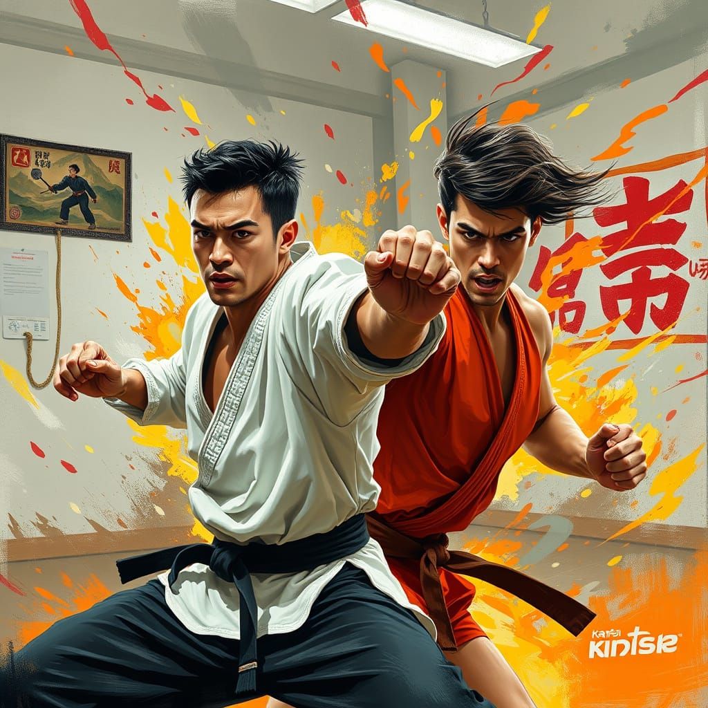 Dynamic Karate Athletes in Abstract Energy Field