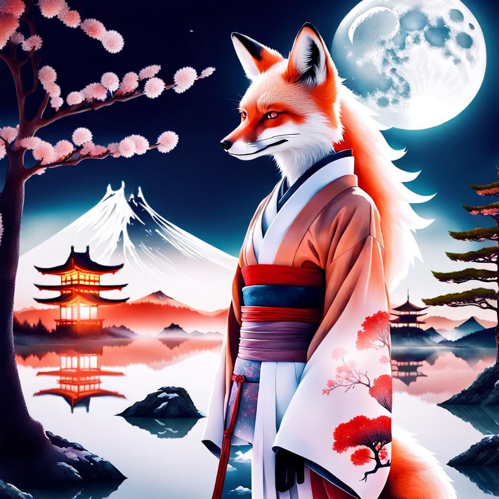 Double Exposure: Kitsune in Japanese Landscape