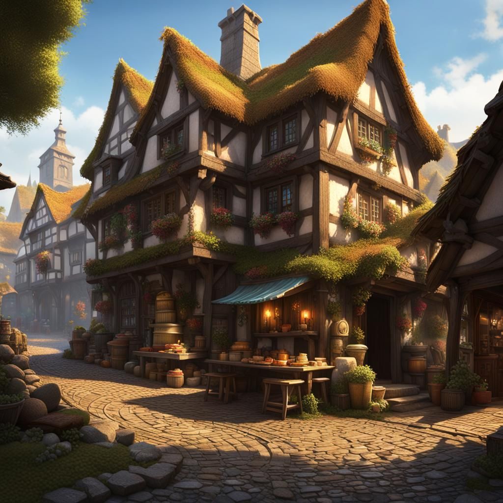 Picturesque Fantasy Town with Bustling Market