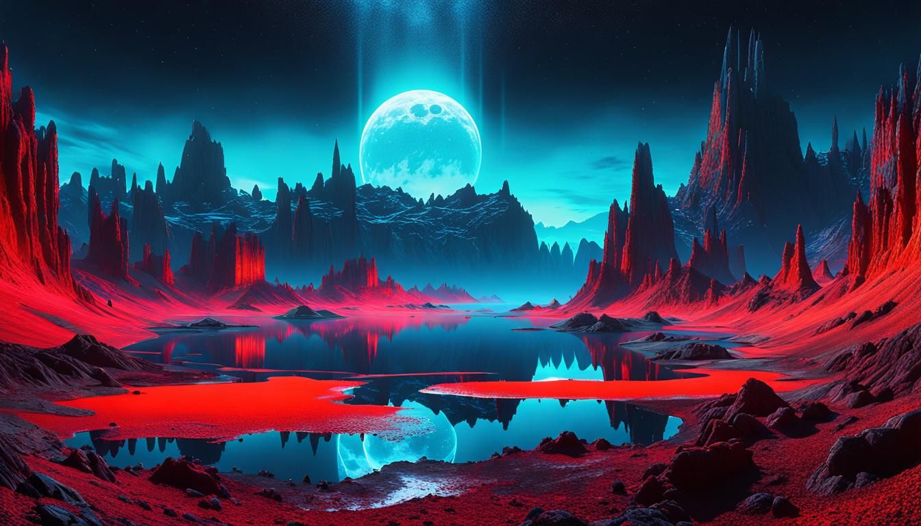 Surreal Horror Landscape Reflecting on Alien Lake