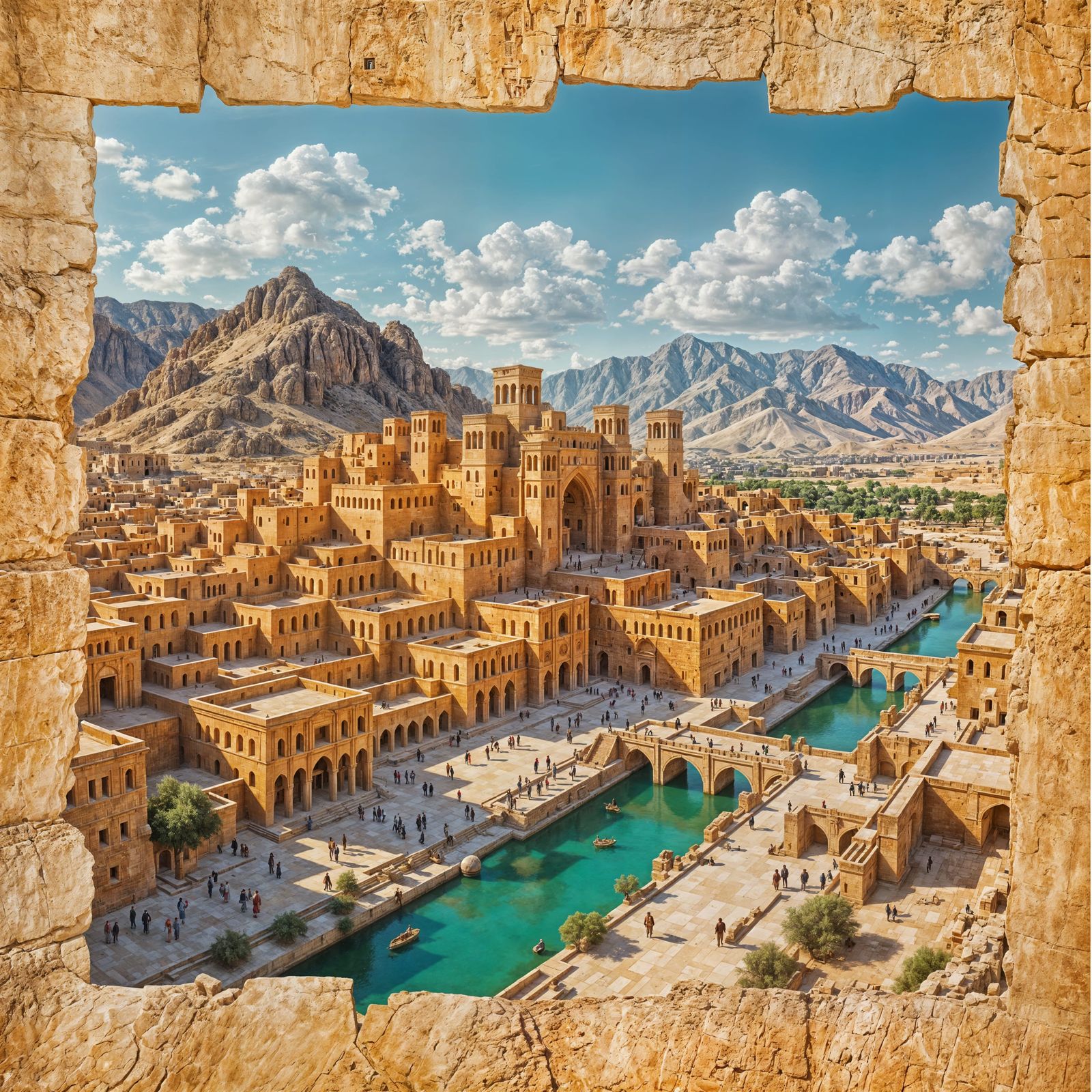 Realistic Ancient Persian City Emerging from Papyrus
