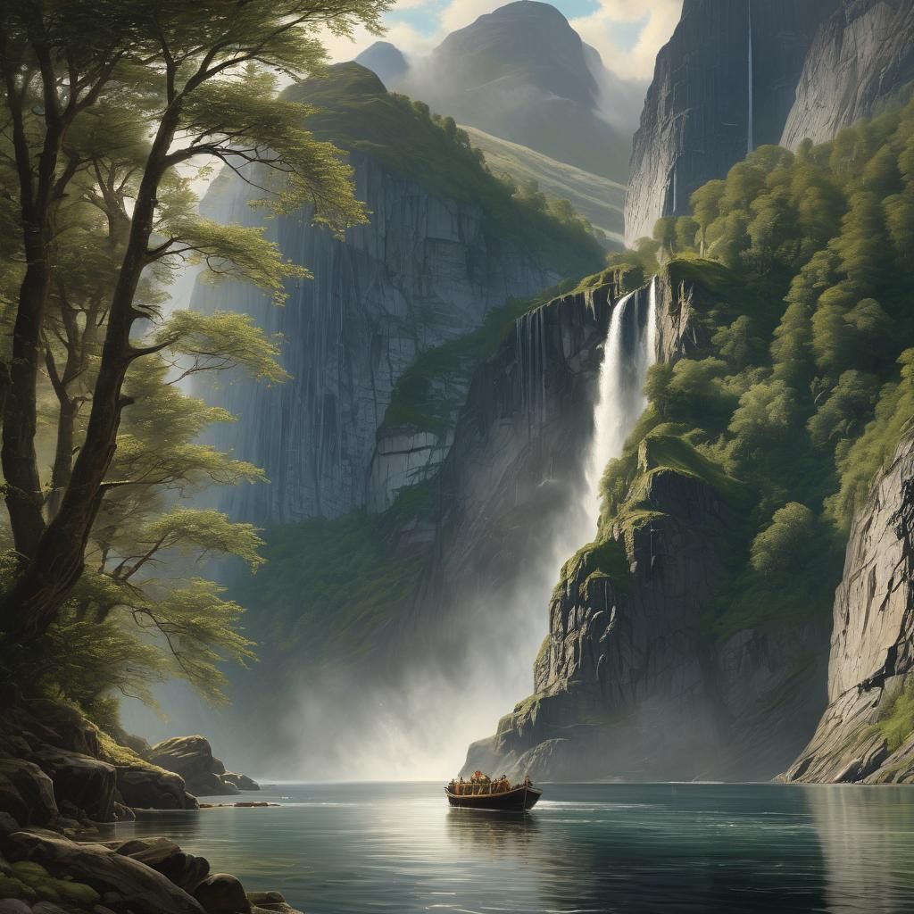 Geiranger Fjord Waterfalls: Romantic Landscape Painting