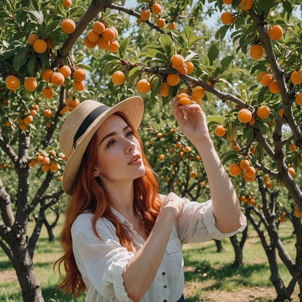 Girl Harvesting Huge Apricots from Tree