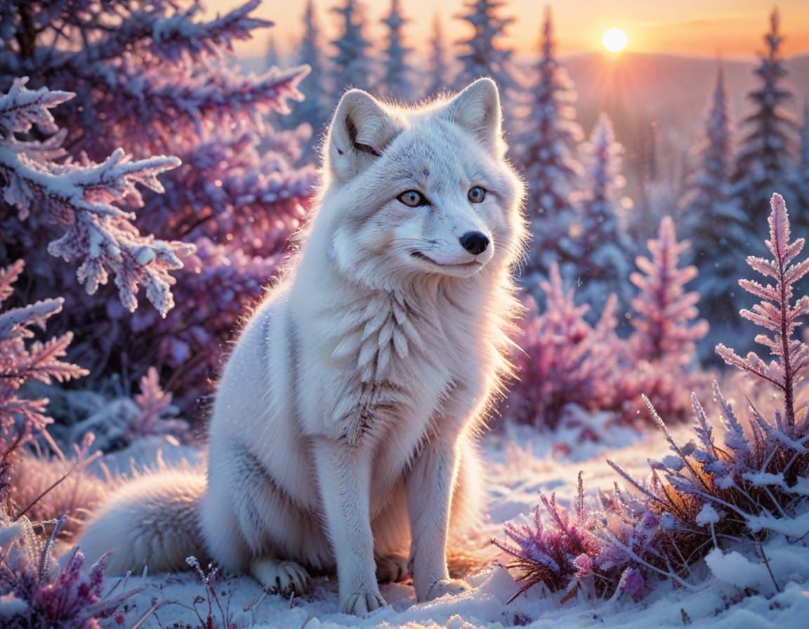 Arctic Fox in Winter Mosaic: Watercolour Art