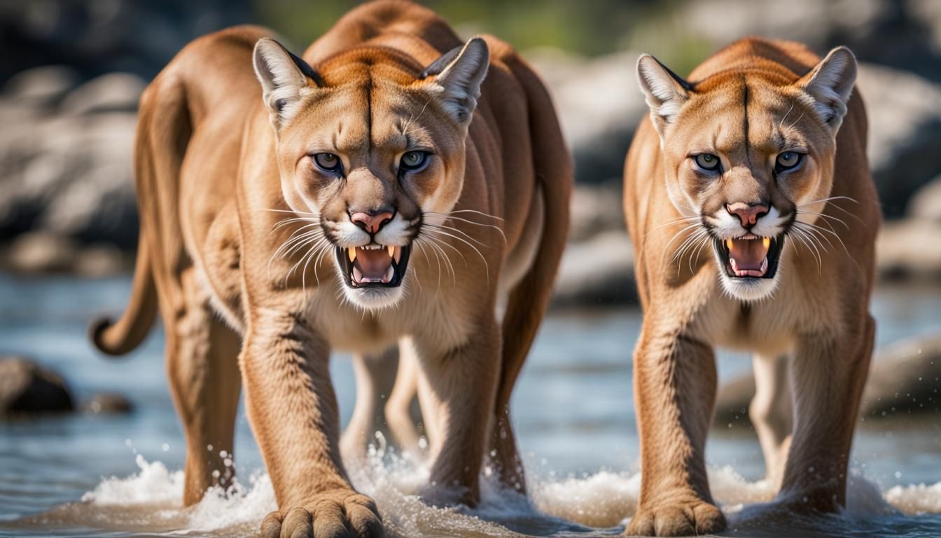 A photorealistic angry cougar, oil on the ebb tide, stands in a fighting stance.The fangs are intricately detailed. Her ...