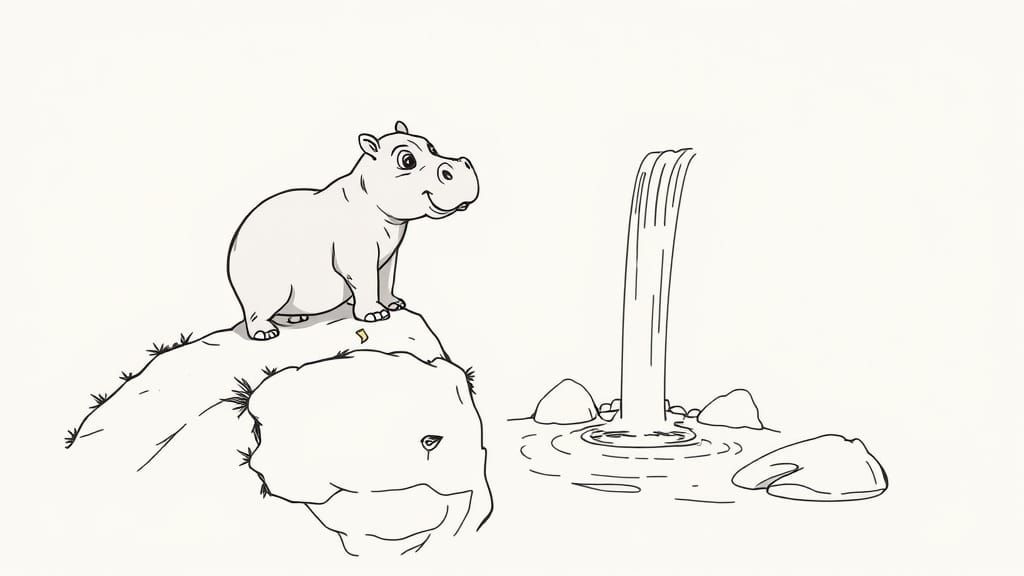Minimalist Baby Hippo Line Drawing by Waterfall