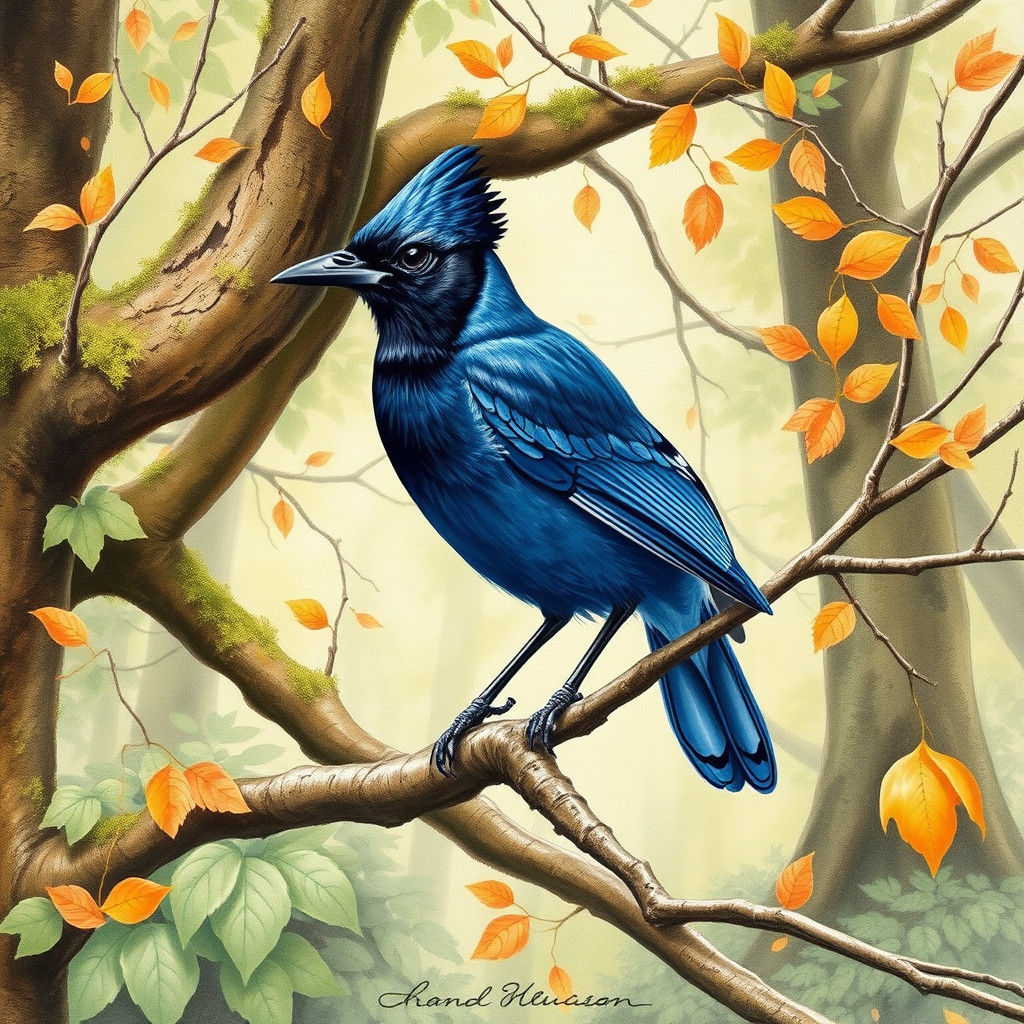 Stellar Jay in Woodland, Audubon-Style Watercolor