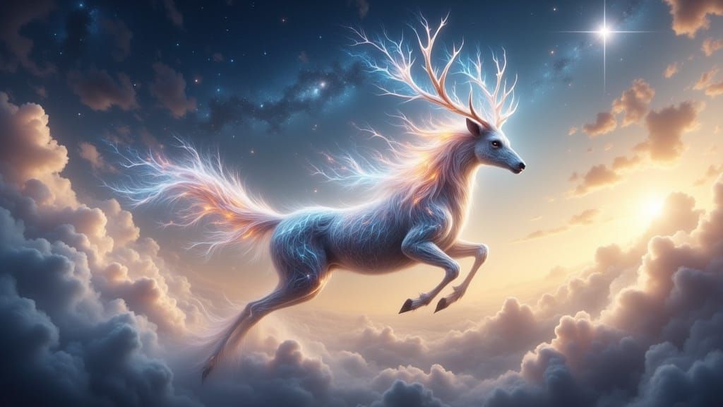 Celestial Deer Creature Gallops Through Twilight Sky