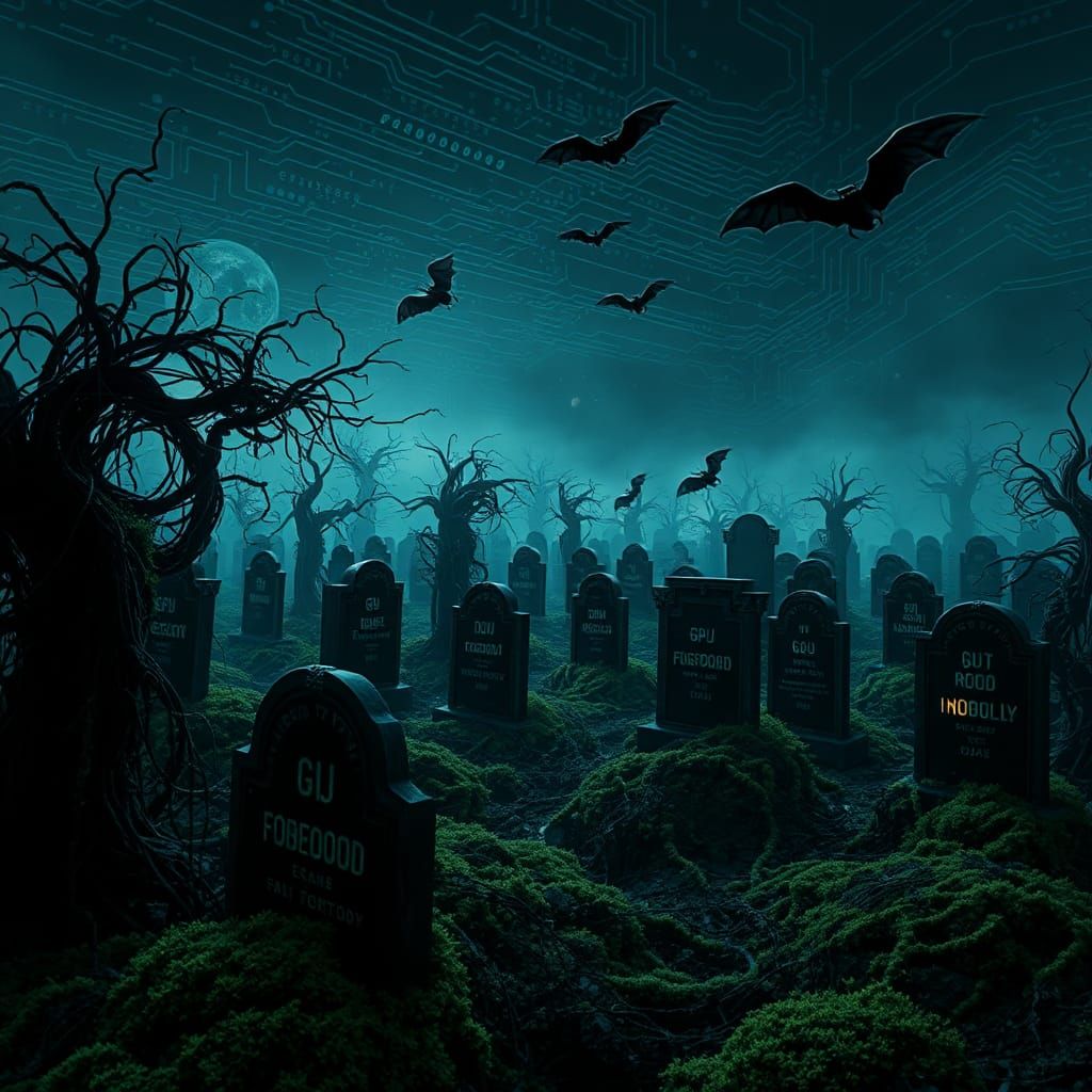 Digital Graveyard at Dusk in Cyberpunk Style