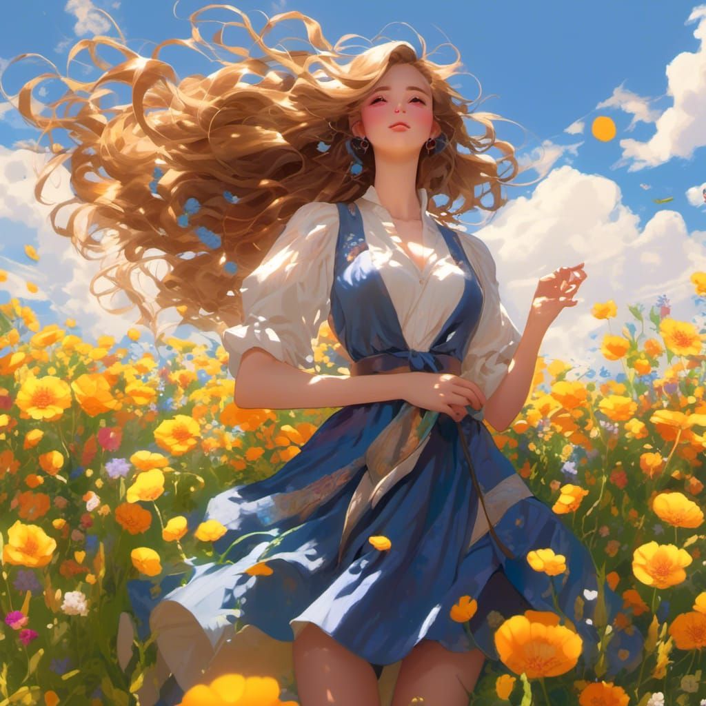 Dancing Woman in Wheatfield: Anime Illustration