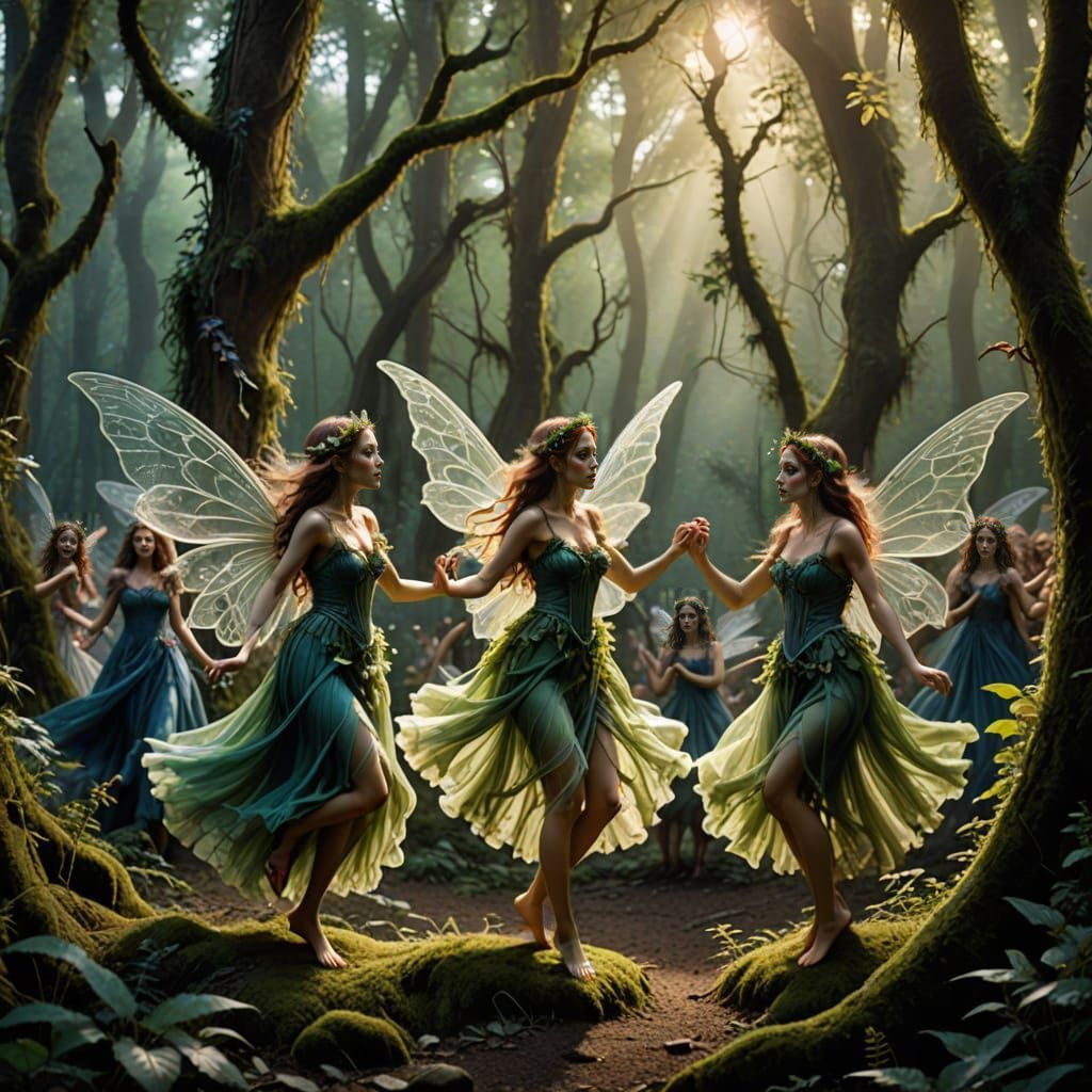 Mysterious Unseelie Fairies Dance in Enchanted Forest