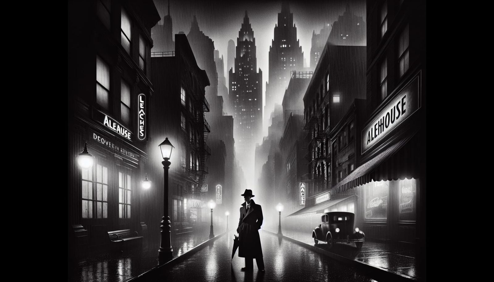 Noir Detective in Rainy Cityscape