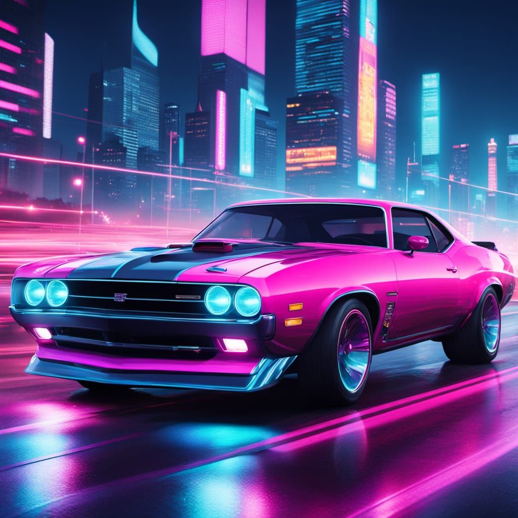 Retrofuturistic Muscle Car Speeds Down Neon Highway