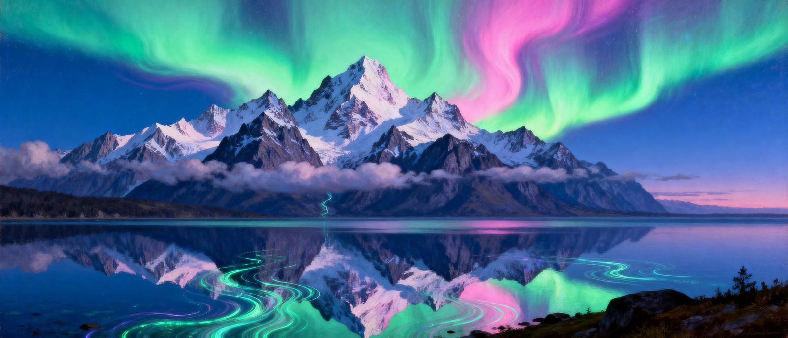 Surreal Mountain Lake Under Aurora Borealis