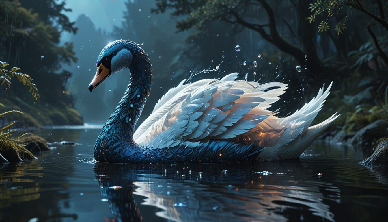 Majestic, Translucent Swan Sculpture in Celestial Night Sky