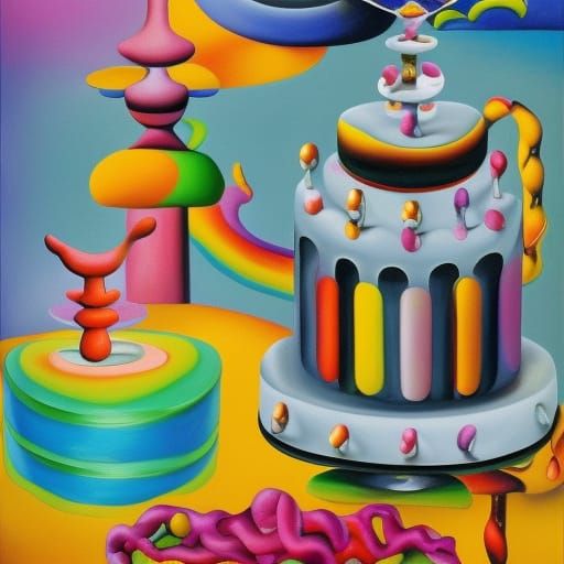 Surreal Robot Cake in Dali Style, Oil Painting