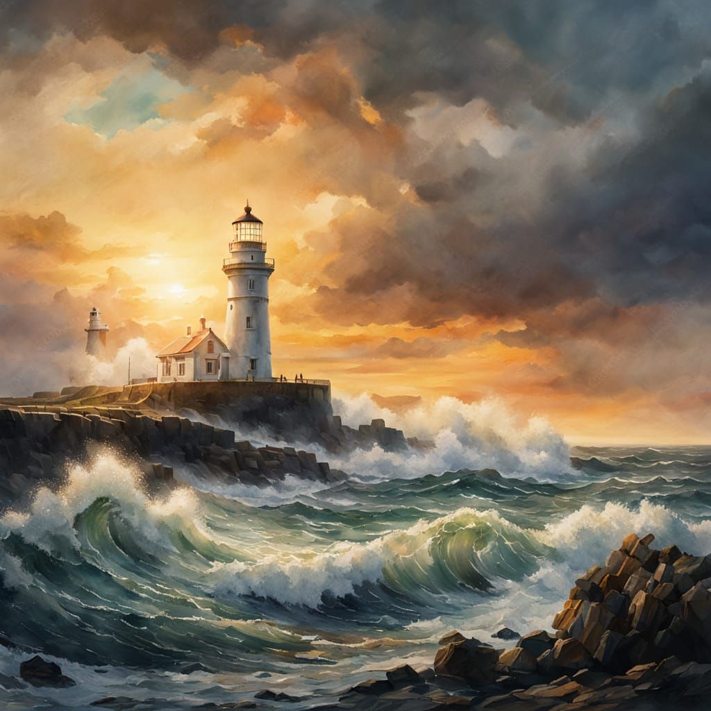 Lighthouse Amidst Turbulent Sunset Seascape