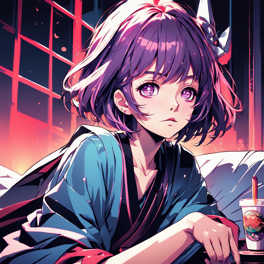 Vibrant Anime Witch Sips Coffee with Charm