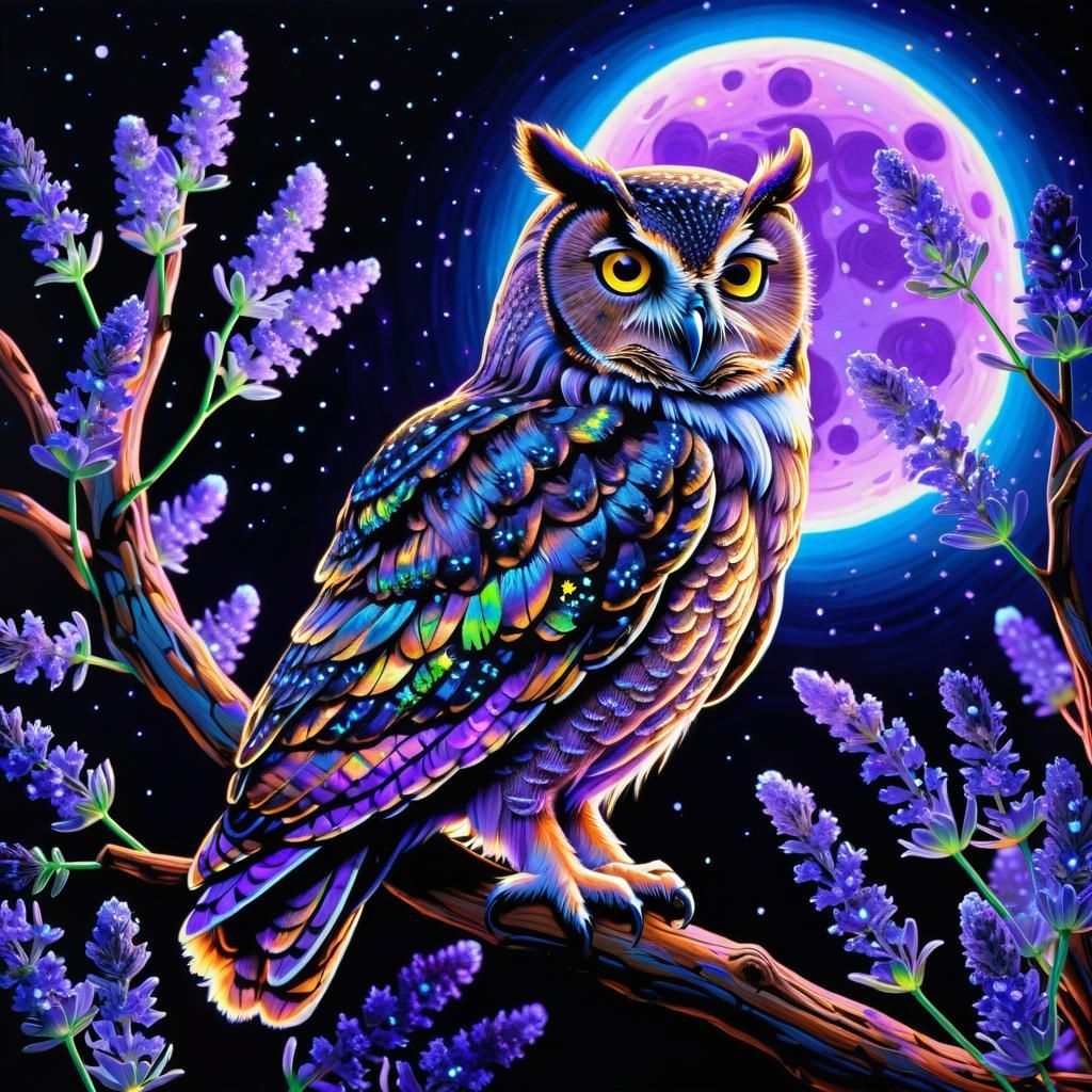 Neon Owl in Blacklight Painting with Lavender Flowers