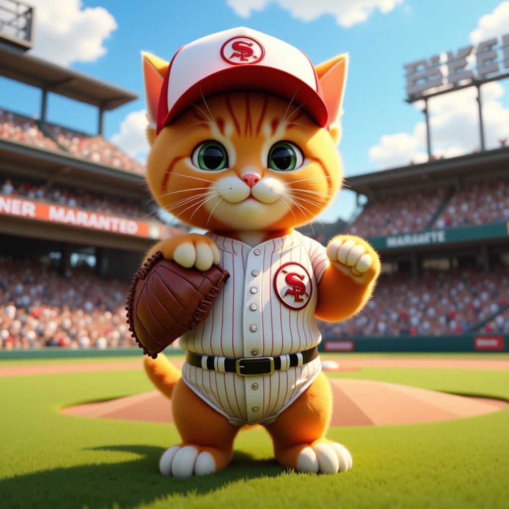 Orange Kitty on Baseball Field in Digital Art Style