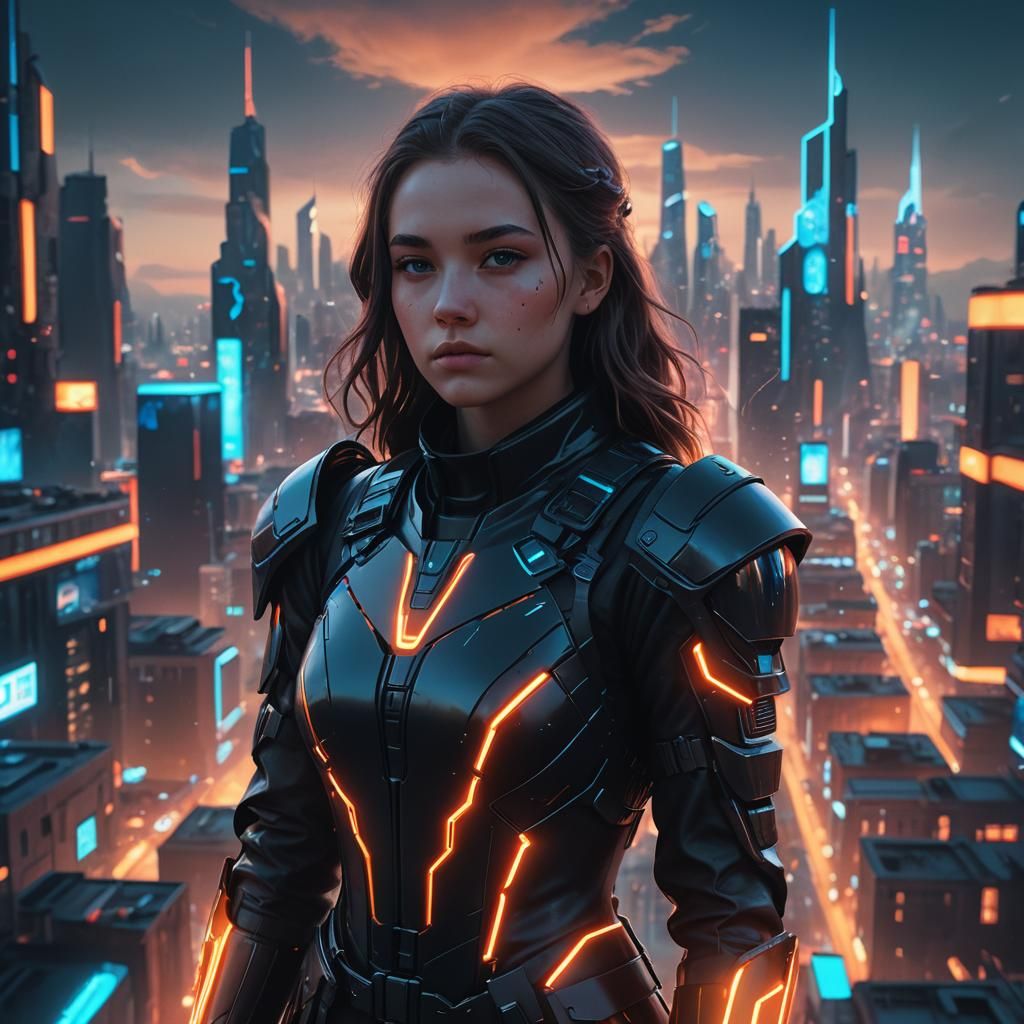 Teenage Girl in Neon Cityscape: Cyberpunk Art