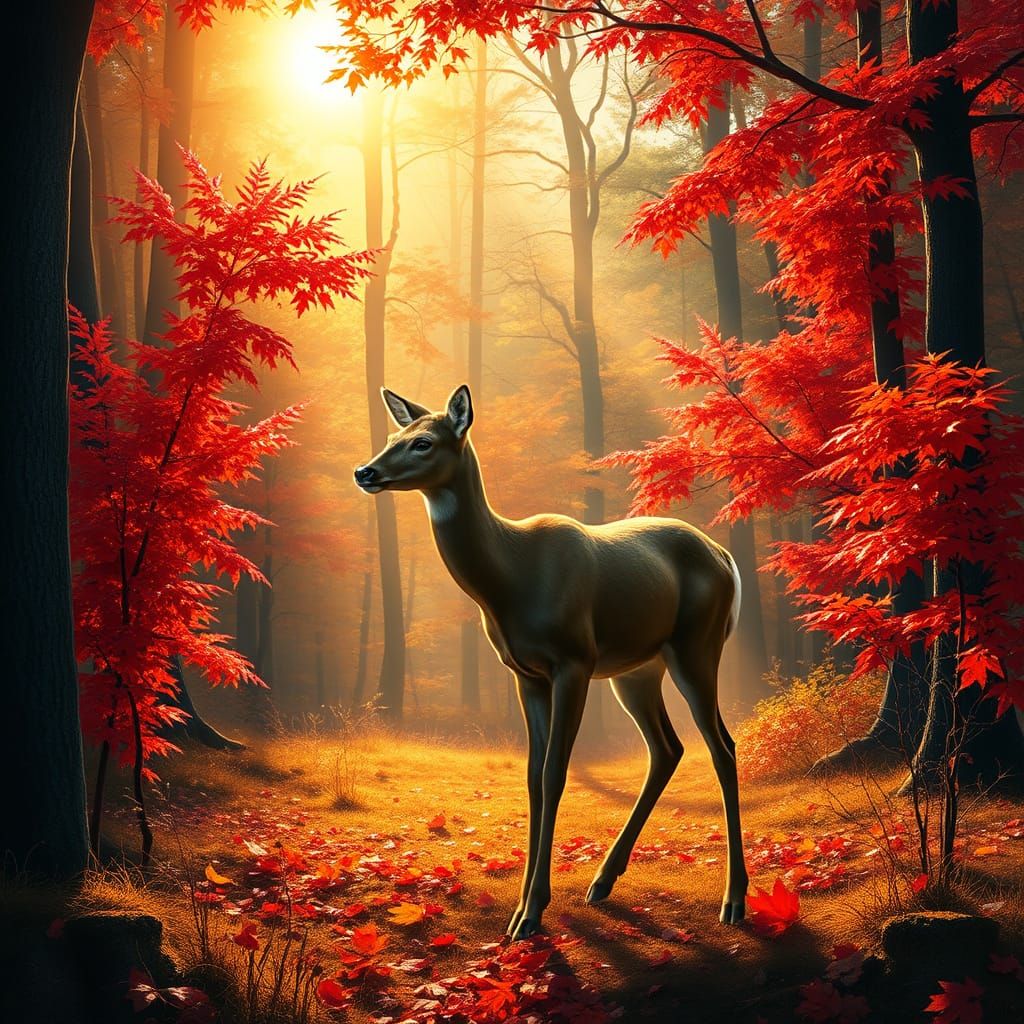 Whimsical Deer in Golden Autumn Forest