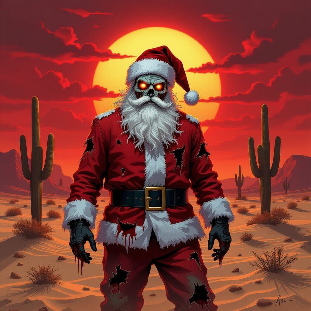 Zombie Santa in Desert Under Blood-Red Sunset