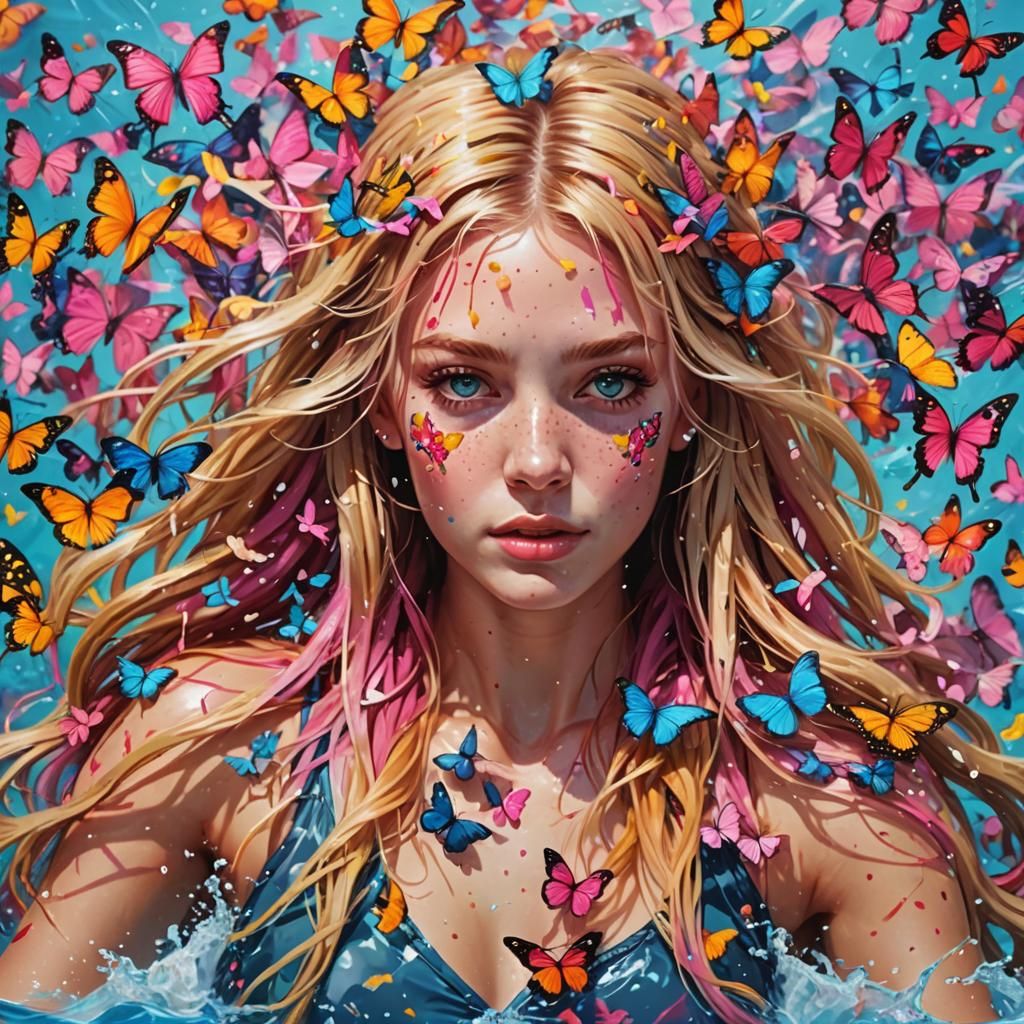 Butterflies Adorn Woman with Pink Highlights in Pool