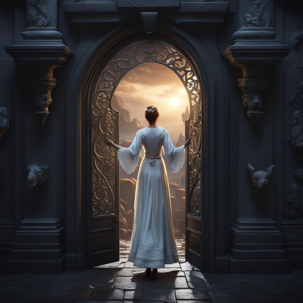 Lady in White Reaching from Dark Doorway