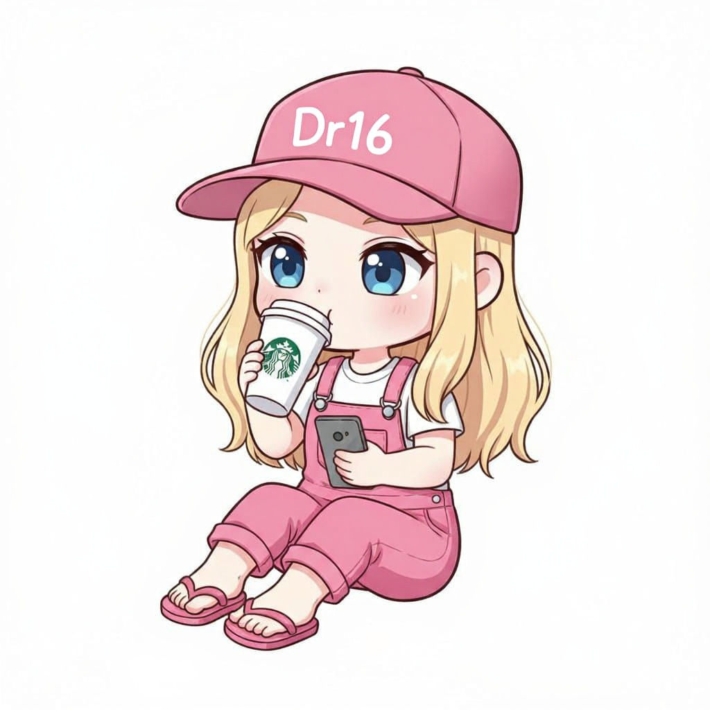 Chibi Girl Enjoys Coffee and Smartphone on White Background
