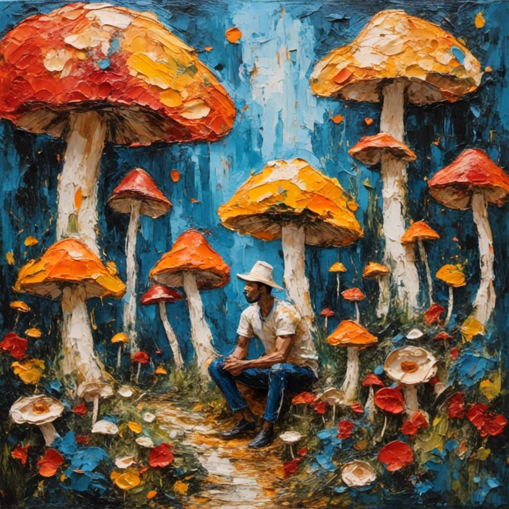 Mushroom Garden: Impasto Painting of Man Cultivating Fungi