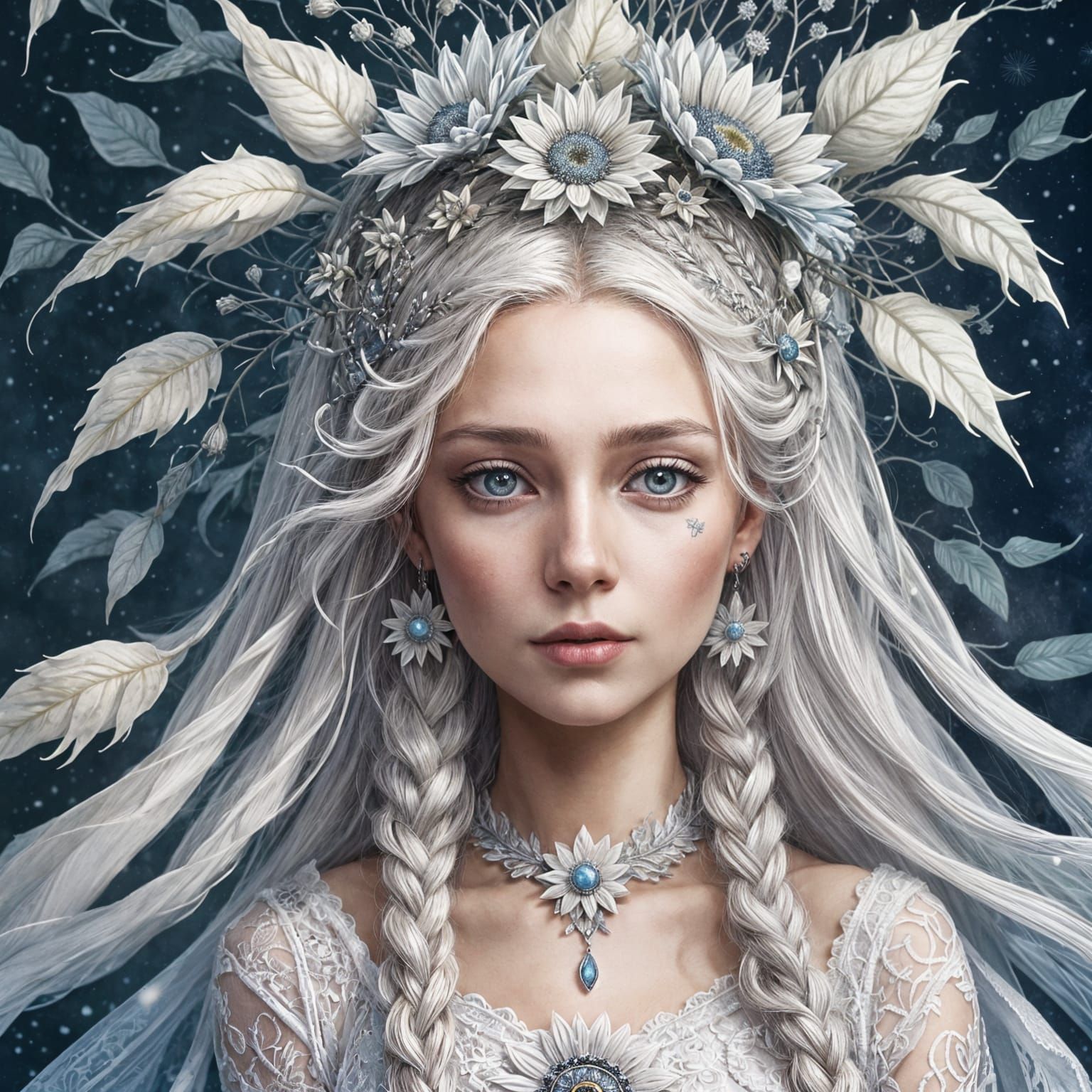Snow Goddess Queen with Sunflower Gown: Digital Art