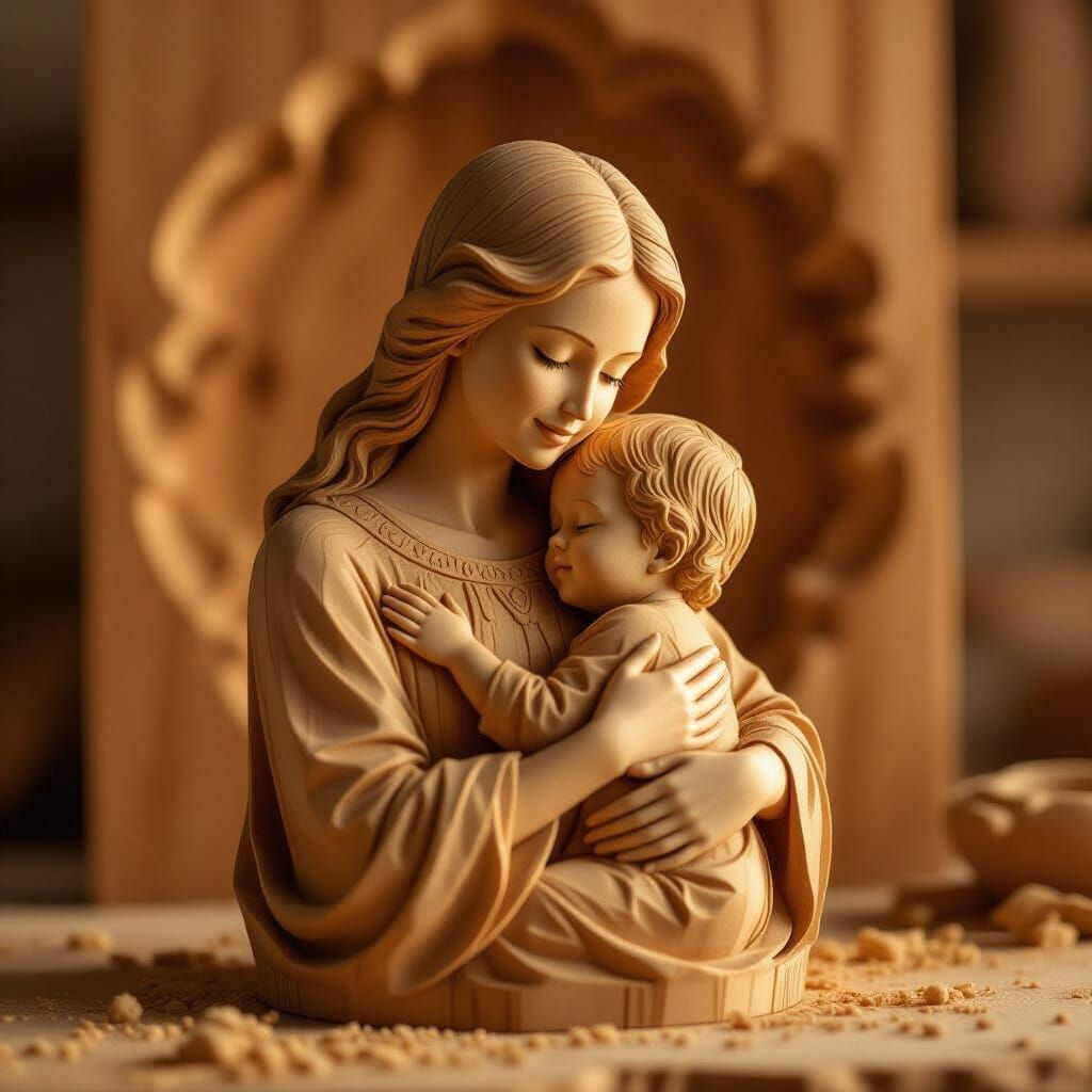 Elegant Wood Carving of Mother and Child