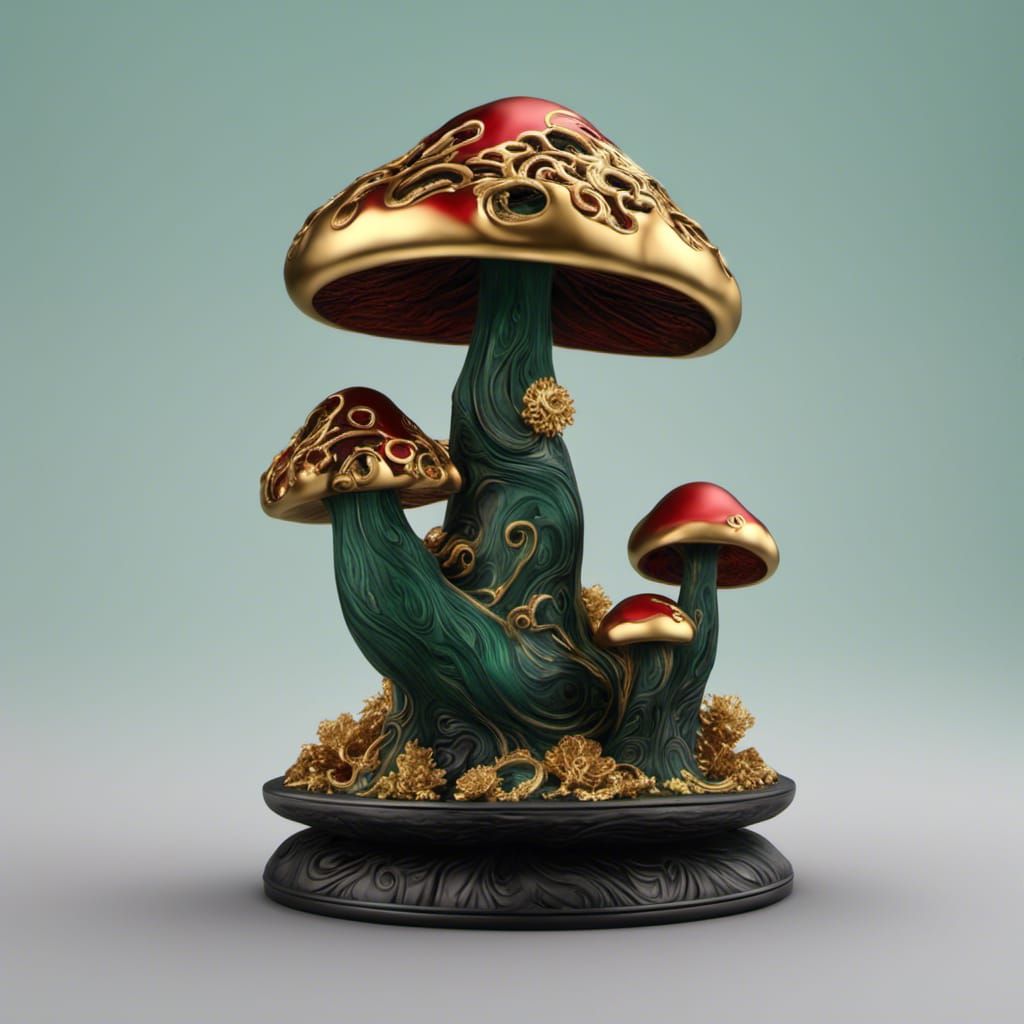 Mushroom Figurine with Gold Filigree, Van Gogh Style