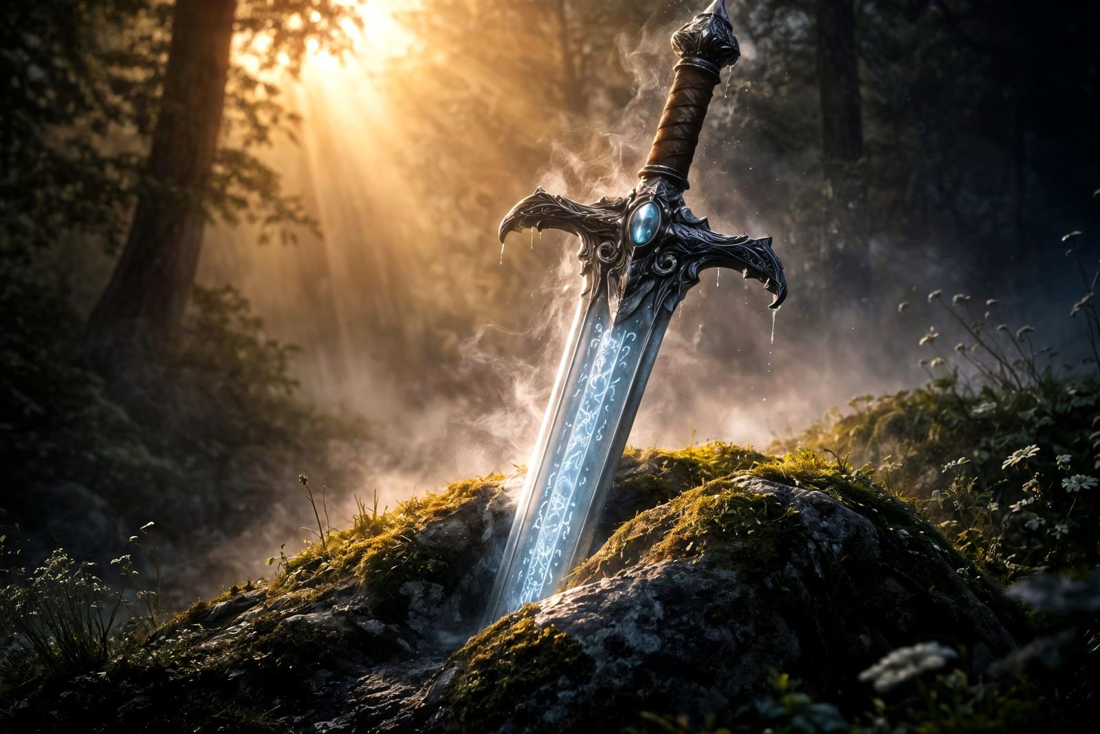 Glowing Fantasy Sword in Mossy Rock at Dawn