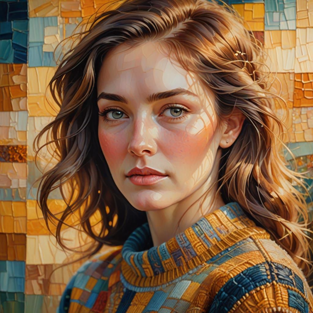 Golden Haired Woman in Oil Painting with Patchwork Sweater