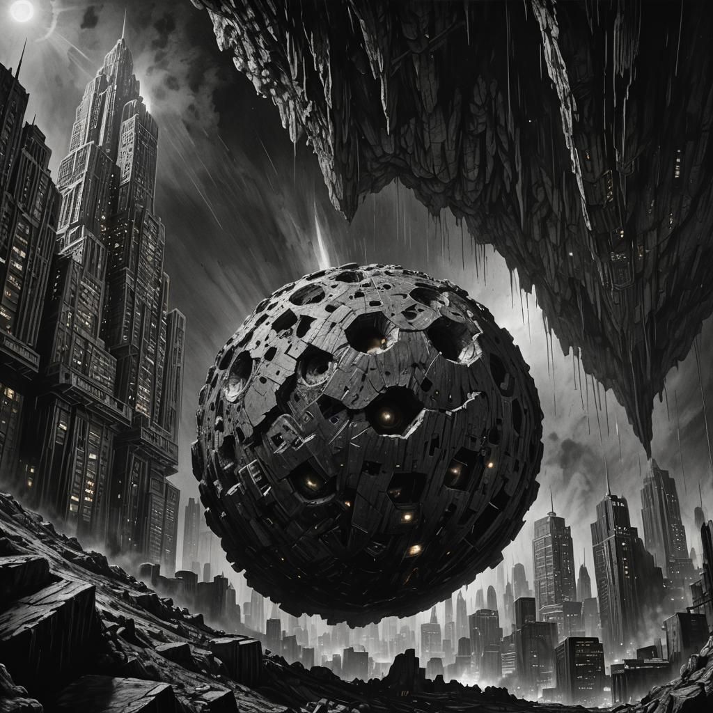 Futuristic Asteroid Metropolis in Charcoal Drawing Style