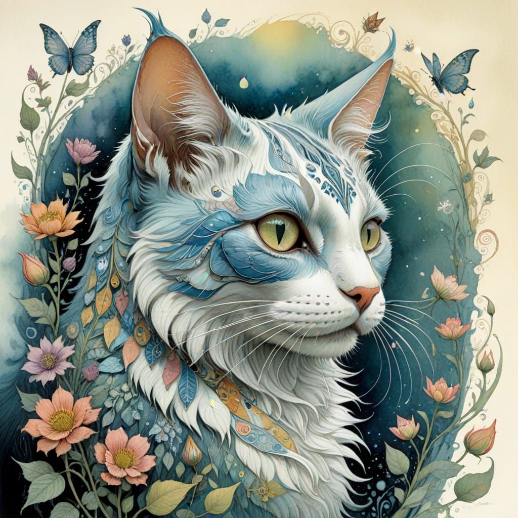 A dreamlike cat in art brut style by Brian Froud and Charles Vess and Adrienne Segur, detailed, intricate, bright, delic...
