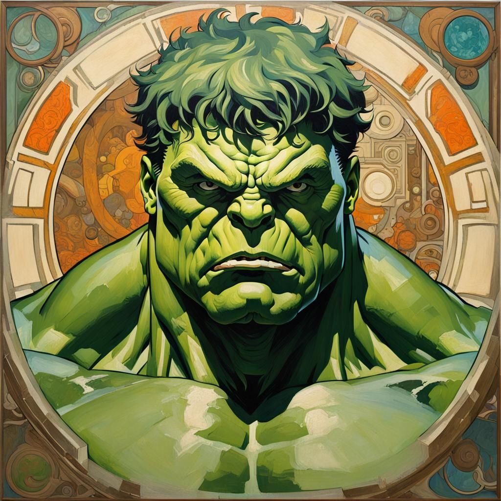 Marvel Hulk head and torso in a modernist Alphonse Mucha pai...